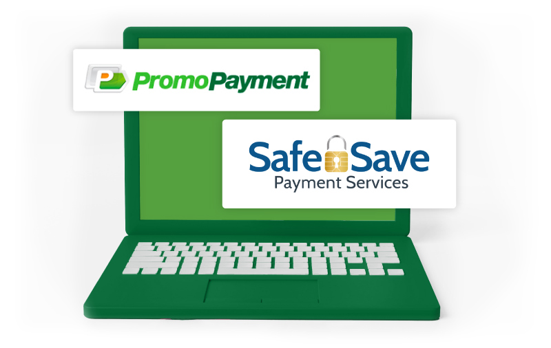 laptop with PromoPayment and SafeSave logos 